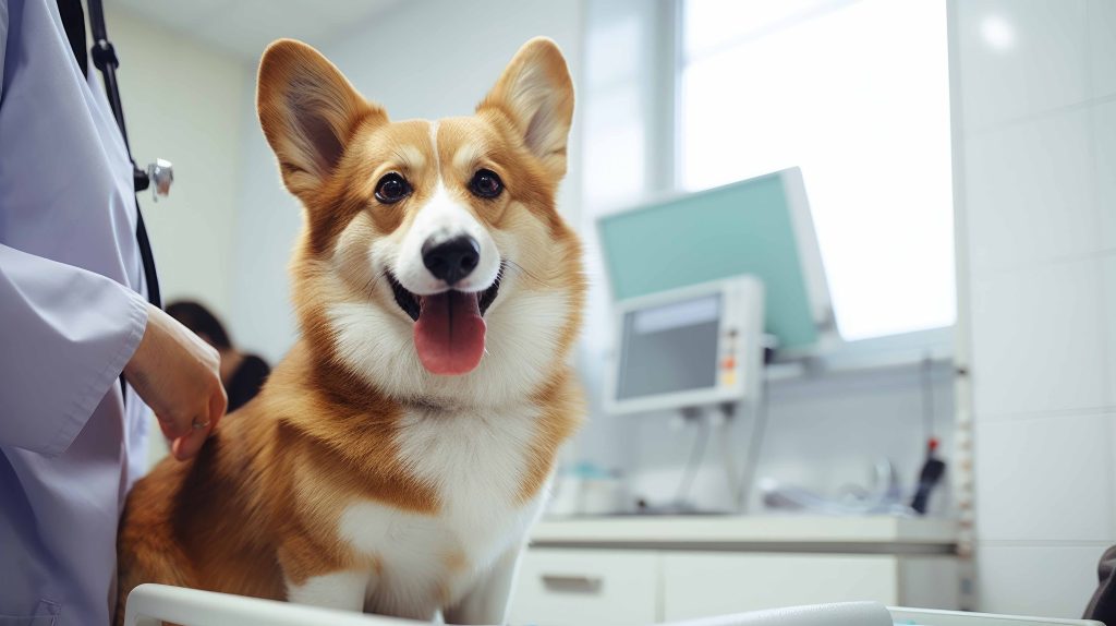 Photo of a corgi dog in a veterinary clinic